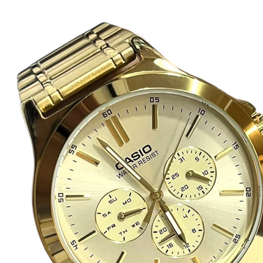 Reloj Casio Metálico Dorado Fondo Beige Mtp-v300g-9audf