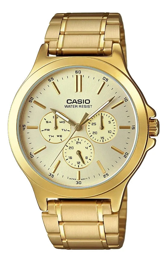 Reloj Casio Metálico Dorado Fondo Beige Mtp-v300g-9audf