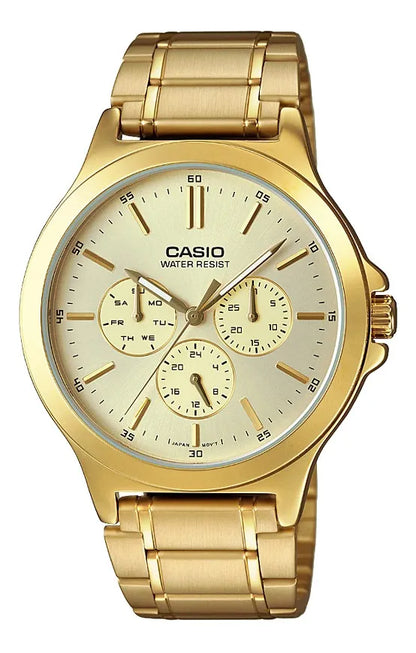 Reloj Casio Metálico Dorado Fondo Beige Mtp-v300g-9audf