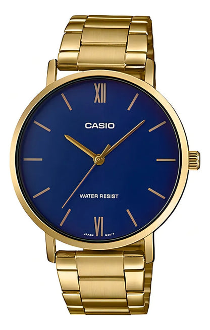 Reloj Casio Acerado Clásico Dorado fondo Azul Mtp-vt01g-2budf
