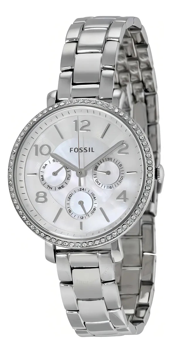 Reloj Fossil Dama Plateado Bisel Con Piedras Es3755