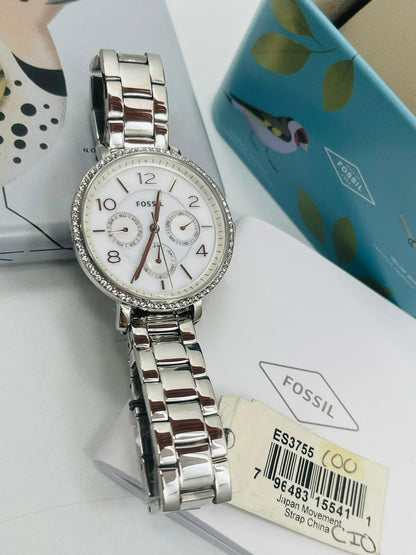 Reloj Fossil Dama Plateado Bisel Con Piedras Es3755