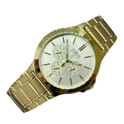 Reloj Casio Metálico Dorado Fondo Beige Mtp-v300g-9audf